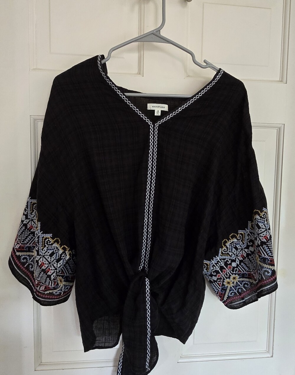 Black Embroidered Tie-Front Tunic Top